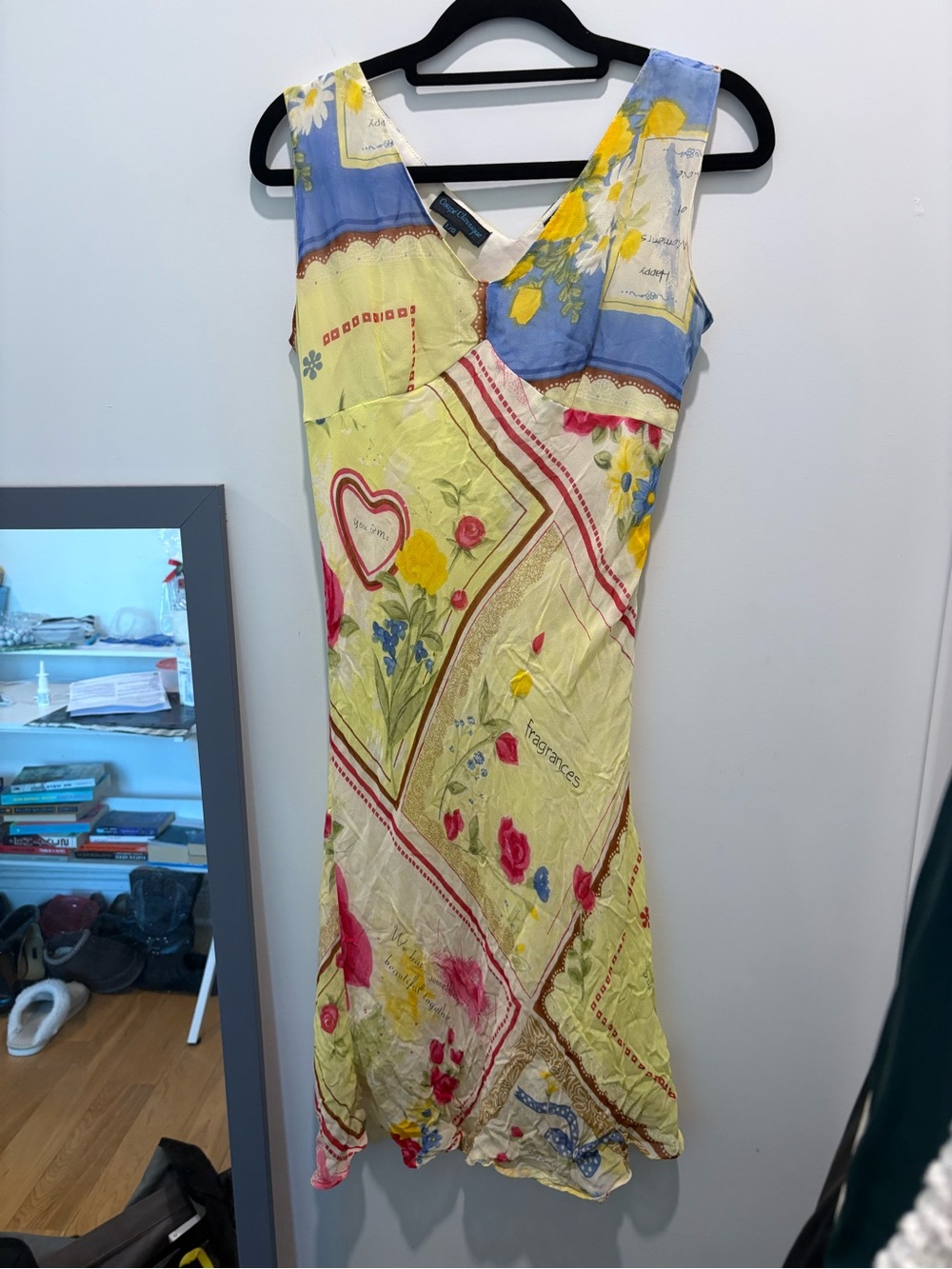 Vintage Floral Patchwork Yellow V-Neck Midi Dress